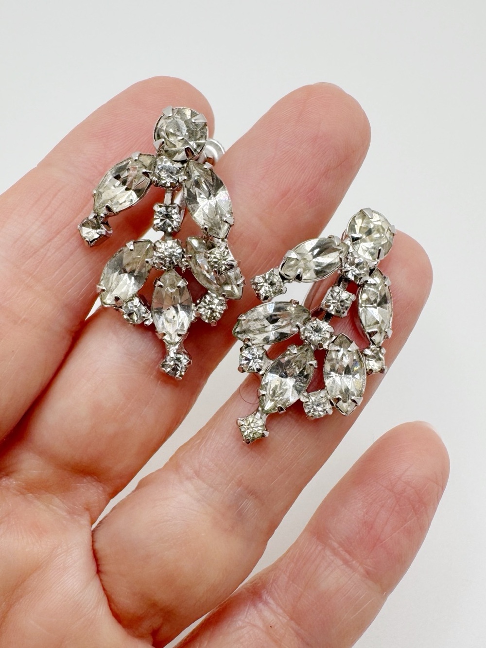Vintage Continental Crystal Marquise Drop Screw-back Earrings - Silver-Tone